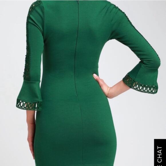 LULUS Emerald Green Bell Sleeve Mini Bodycon Cutout Dress XS Fitted NEW - Picture 4 of 11